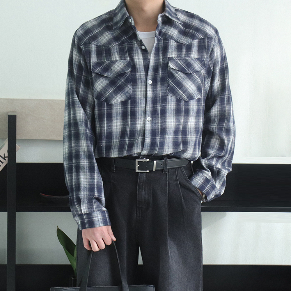 남자 체크셔츠 오버핏 웨스턴 남방 남자 셔츠 - 상세 이미지 2