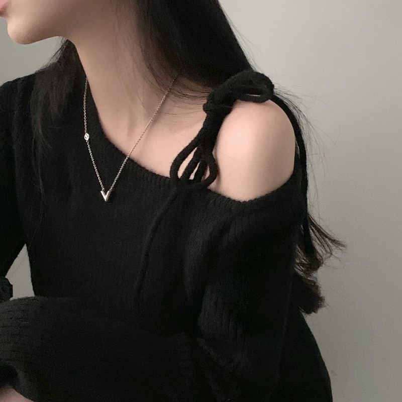 리본 언발 원오프숄더 골지니트 블랙, FREE(One size) - 상품 이미지