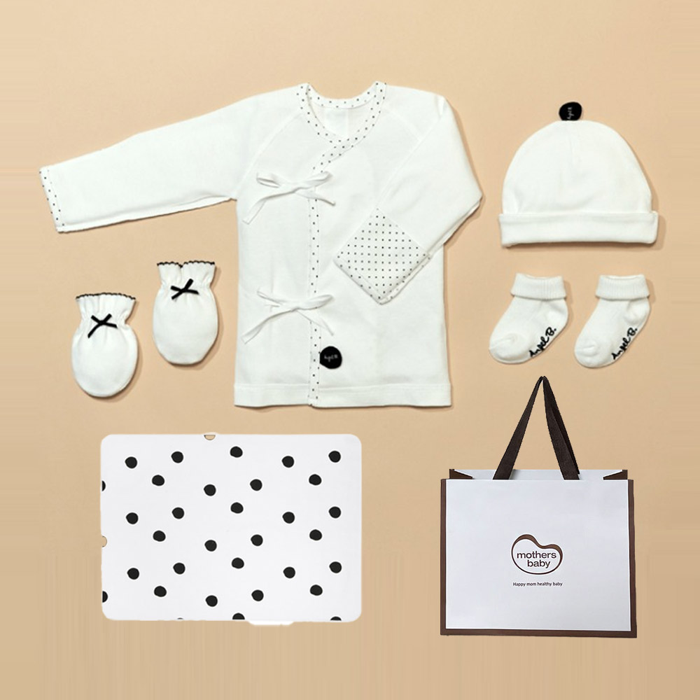 엔젤 퓨어 5종 선물세트 (배냇저고리+모자+손싸개+양말+방수요)