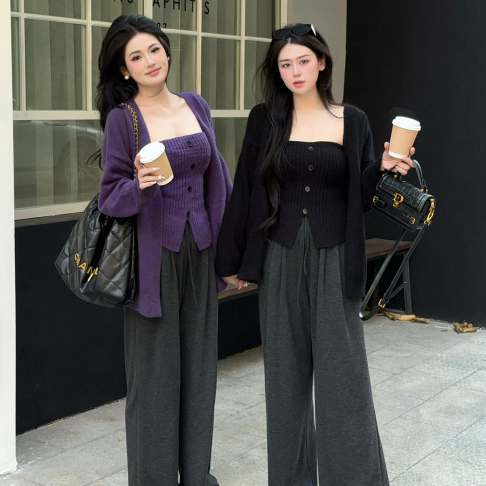 겨울 빅사이즈 니트 튜브탑 긴팔 가디건 슬랙스 쓰리피스 - 상품 이미지