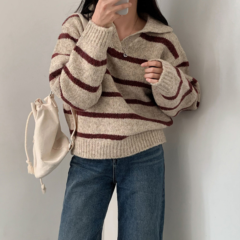 2color 스트라이프 카라넥 두툼 캐시미어 니트 레드, FREE(One size) - 상세 이미지 3