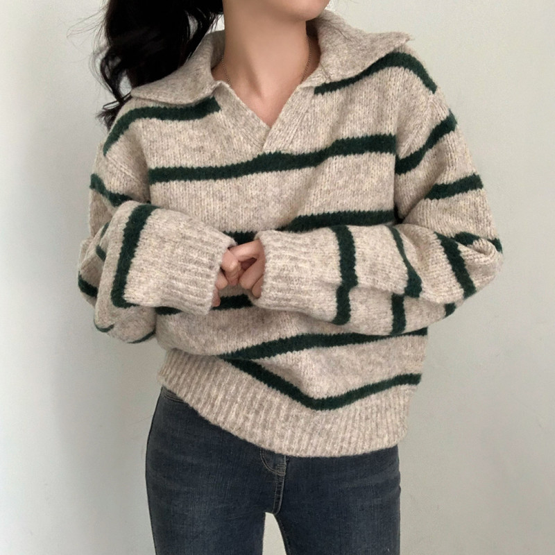 2color 스트라이프 카라넥 두툼 캐시미어 니트 카키, FREE(One size) - 상세 이미지 3
