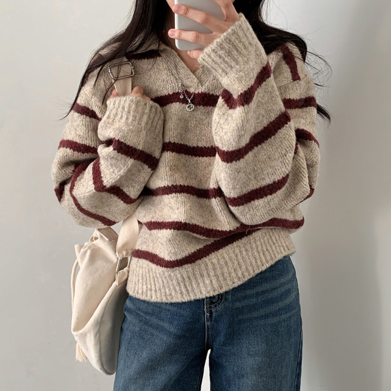 2color 스트라이프 카라넥 두툼 캐시미어 니트 레드, FREE(One size) - 상세 이미지 2