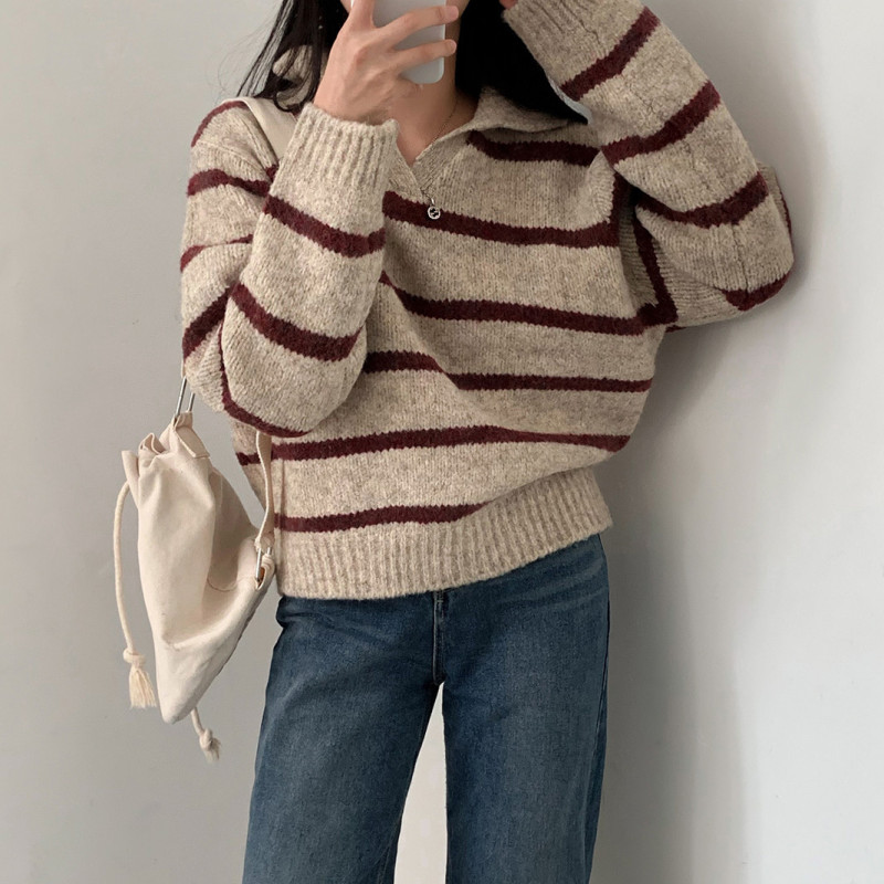 2color 스트라이프 카라넥 두툼 캐시미어 니트 레드, FREE(One size) - 상세 이미지 4