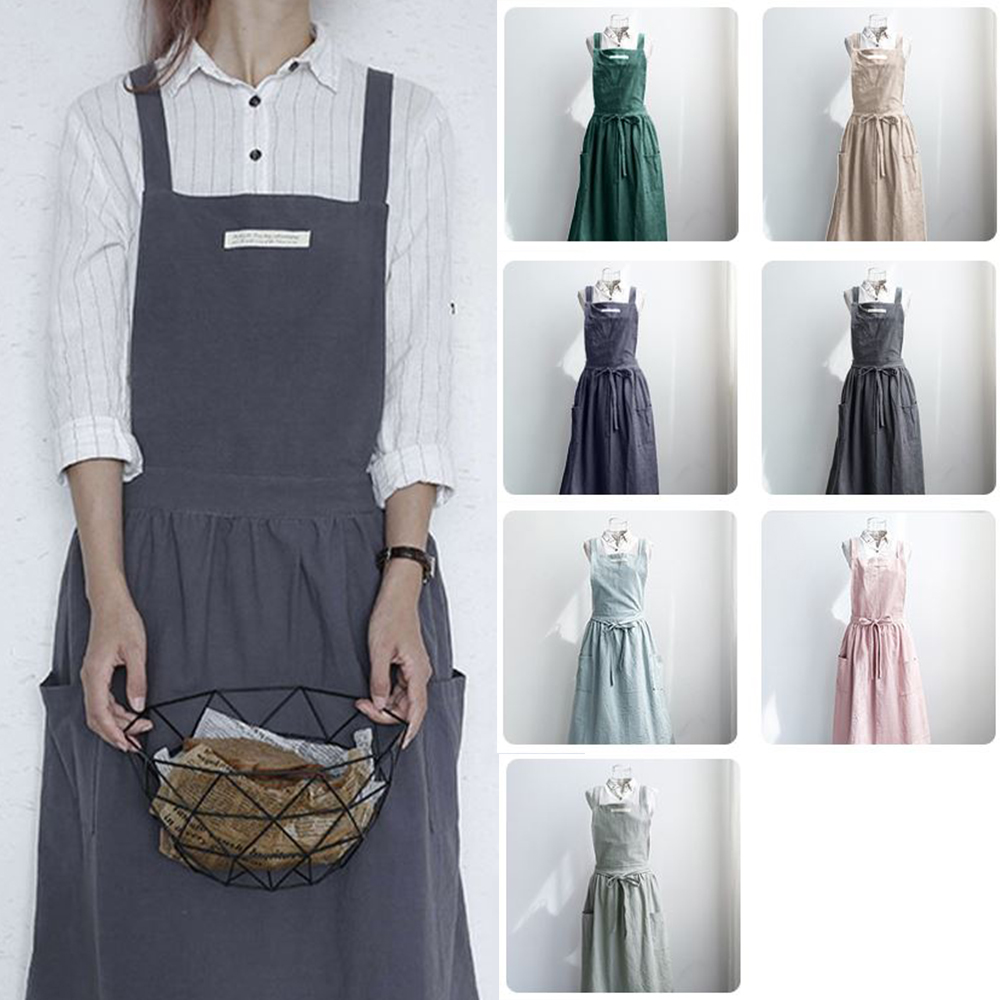 린넨 코튼 앞치마 다목적 심플 파스텔톤 섬유 직물 원피스형