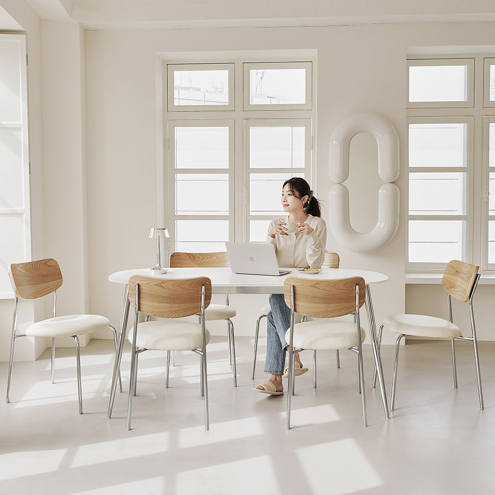 리벤 6인 1800 세라믹 식탁 세트 실버 라운드 화이트 룬드 의자 6