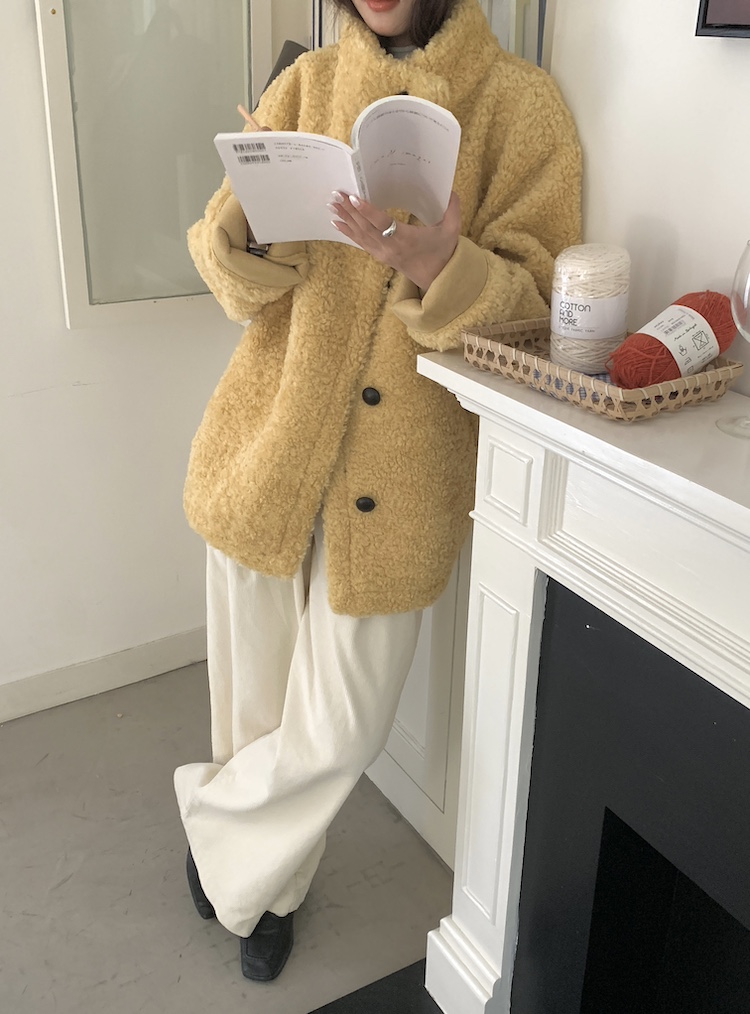 가을 겨울 도톰 따뜻 뽀글이 스탠드 카라 루즈핏 싱글 브레스티드 양털 베이직 꾸안꾸룩 여친룩 코트 자켓 124122701 상세 이미지 19
