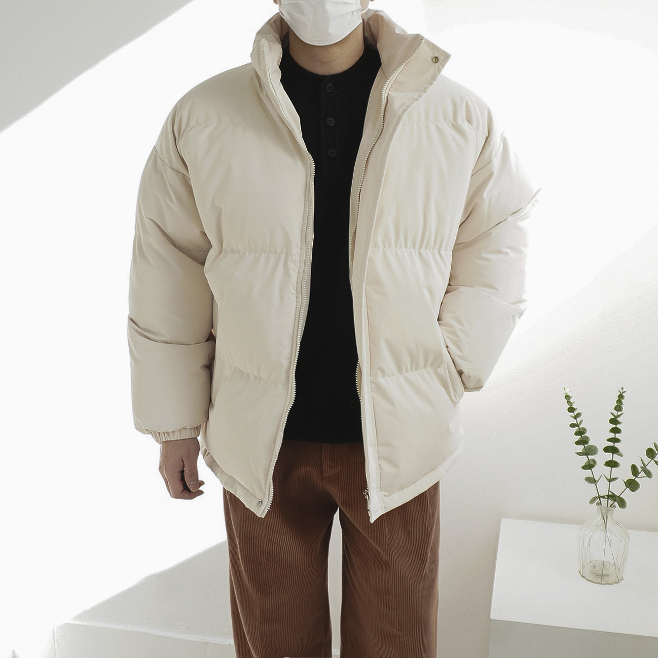 남녀공용 베이직 스트링 푸퍼 오버핏 하이넥 패딩 점퍼 5color - 상품 이미지