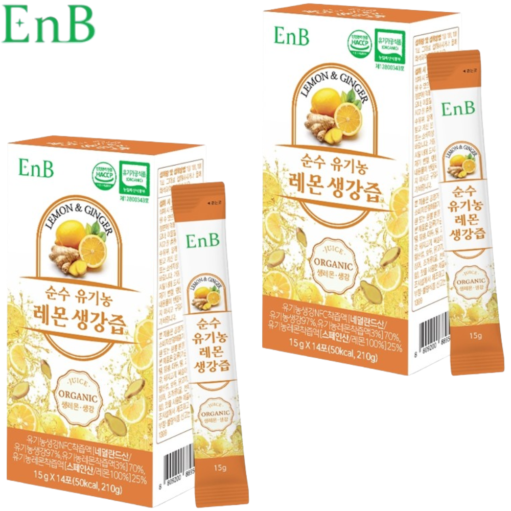 EnB 유기농 레몬 생강 즙 스틱 15g 14포 2박스 NFC 착즙액 차 환절기 목 건강 - 상품 이미지