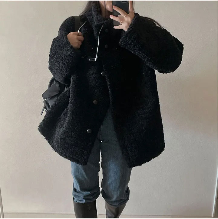 가을 겨울 도톰 따뜻 뽀글이 스탠드 카라 루즈핏 싱글 브레스티드 양털 베이직 꾸안꾸룩 여친룩 코트 자켓 124122701 상세 이미지 43