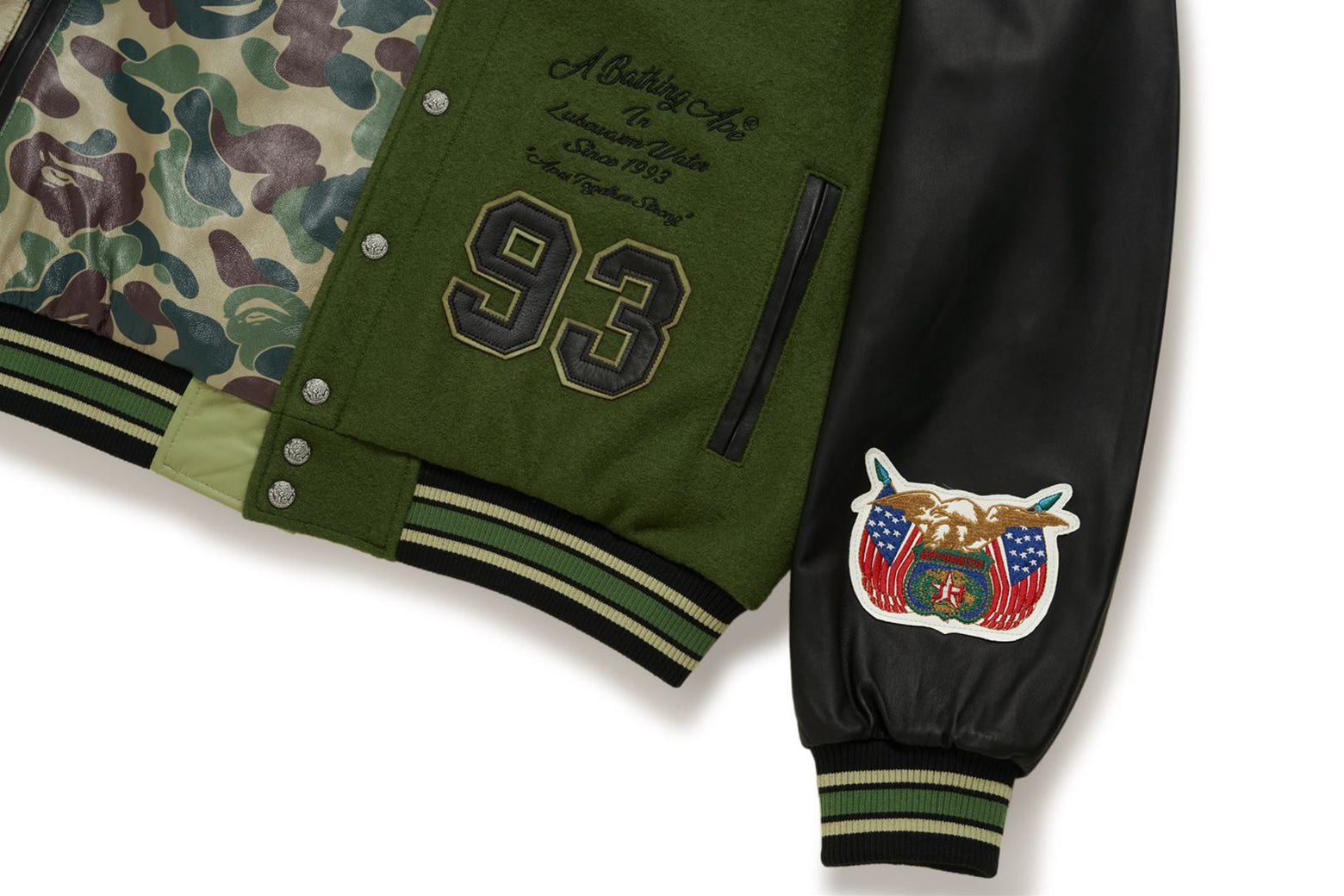 베이프 자켓 BAPE X JEFF HAMILTON ABC CAMO MULTI LOGO WOOL AND LEATHER JACKET 2월 신상 1K73-141-907 - 상세 이미지 5