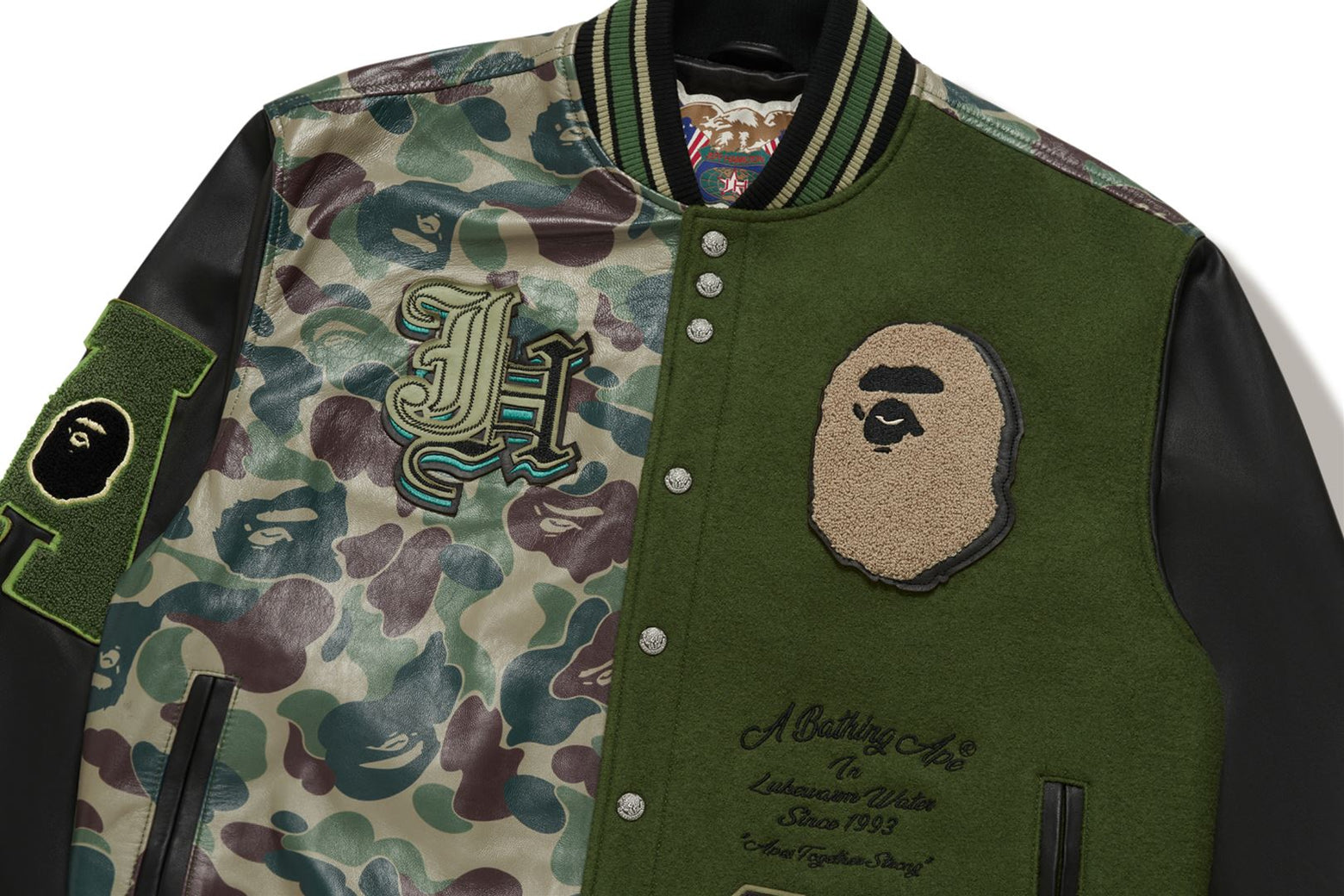 베이프 자켓 BAPE X JEFF HAMILTON ABC CAMO MULTI LOGO WOOL AND LEATHER JACKET 2월 신상 1K73-141-907 - 상세 이미지 3