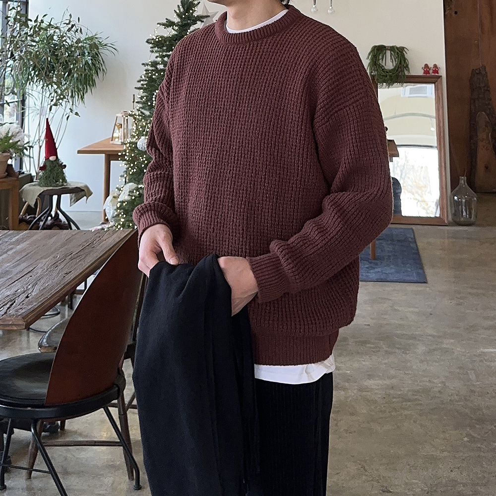 남자니트 두꺼운 오버핏 하찌 빨간 레드 울 니트 남성스웨터