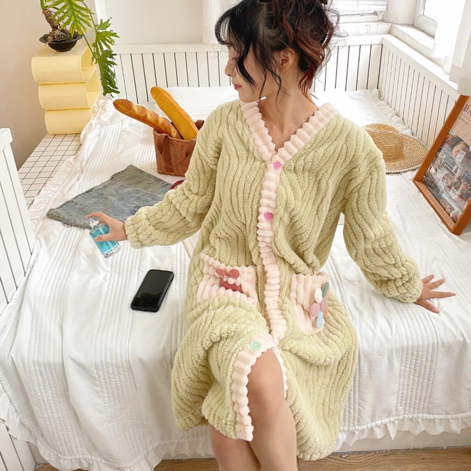 노리스 여성 수면잠옷 극세사 겨울 로브 홈웨어 원피스 잠옷 - 상품 이미지