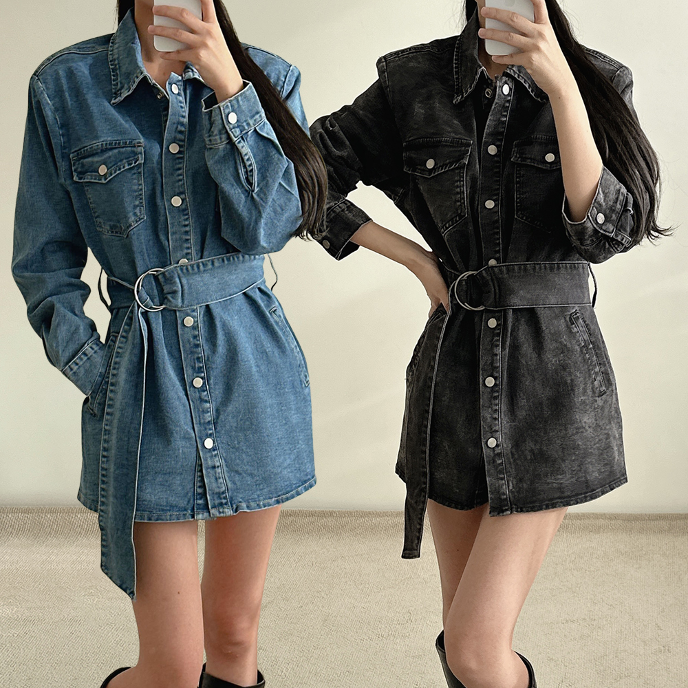 여성 청자켓 루즈핏 벨티드 어깨 패드 진청 블랙 데님 자켓 - 상품 이미지