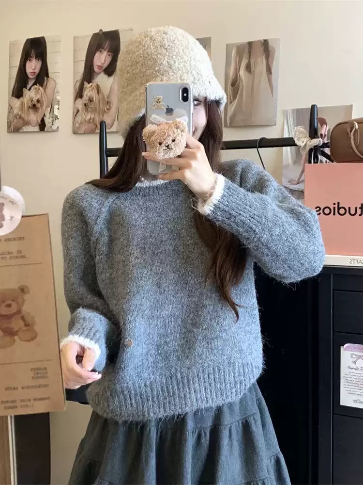장다아 니트 스웨터 공항패션 라운드넥 데일리 의상 옷 패션 - 상세 이미지 3