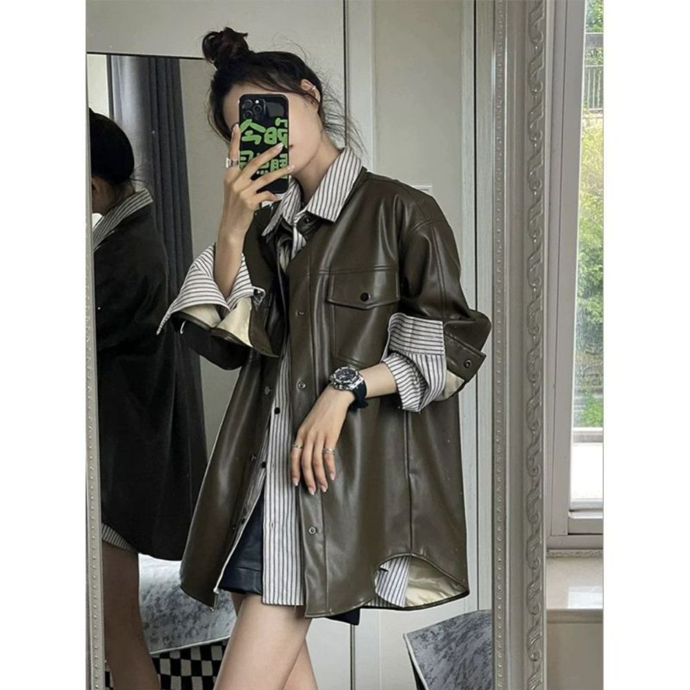루즈핏 블라우스 바람막이 가죽 티블라우스 셔츠 반팔 여성 여름 레이스 남방 퍼프 셔링 긴팔 - 상품 이미지