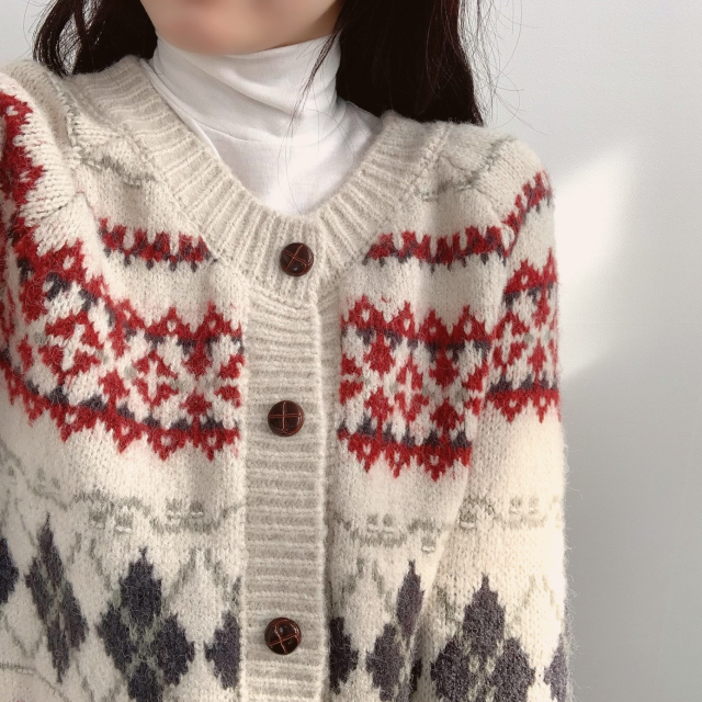 겨울 폭닥 감성 데일리 달리아 아가일 노르딕 가디건 - 상세 이미지 3