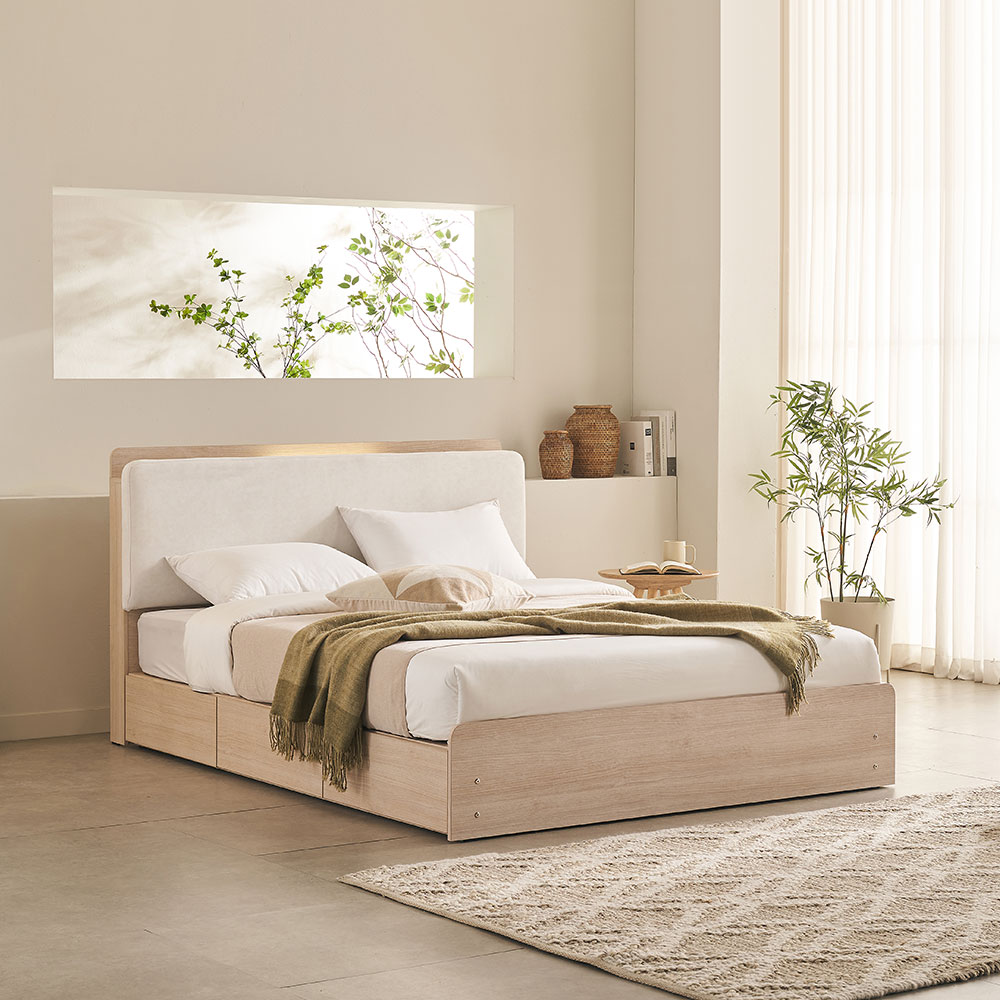 장인가구 가든 E0등급 패브릭 쿠션 LED 볼레일 서랍 수납침대 원룸 학생 침대프레임 SS