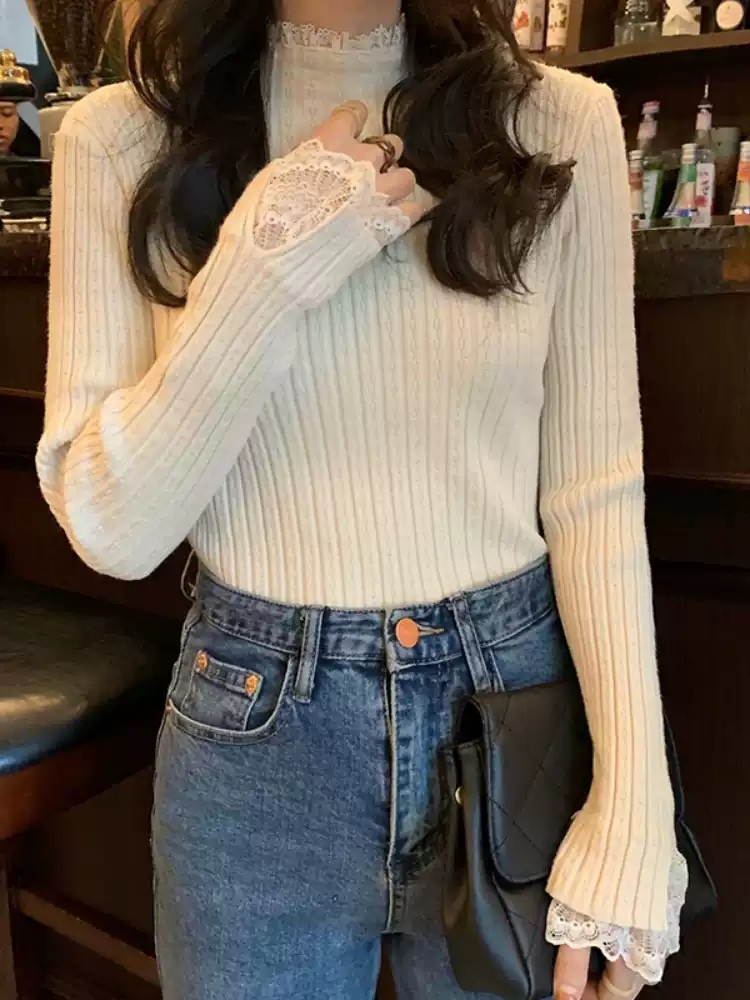레이스 목폴라 소매 목 이너 레이어드 하프 터틀넥 - 상세 이미지 5