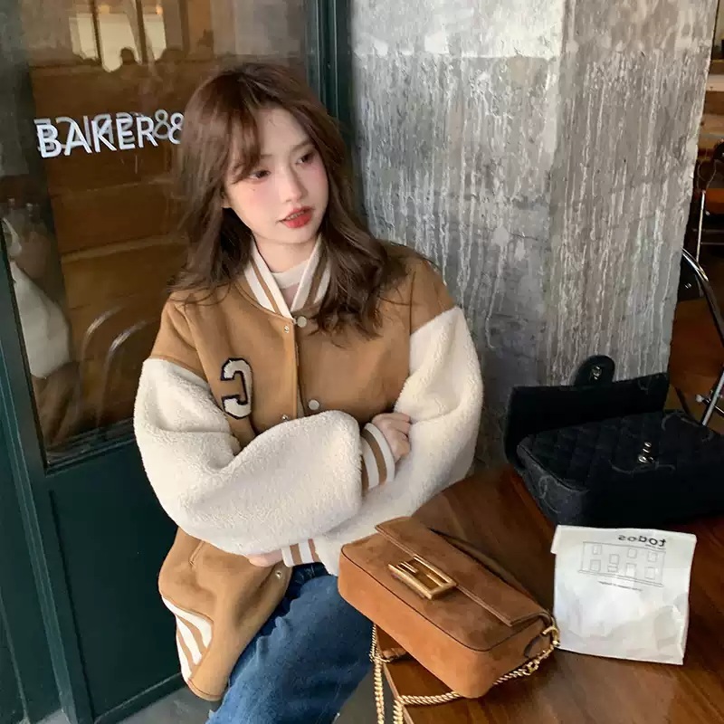 스웨이드 양털소매 스테디움점퍼 야구잠바 빈티지 레트로 루즈핏 겨울 귀여운 디자인 2컬러 - 상세 이미지 5