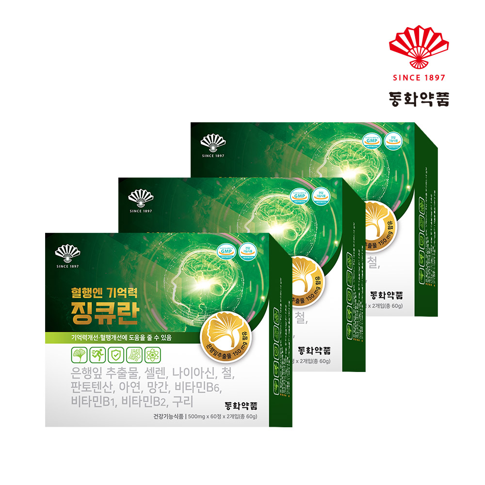 동화약품 혈행개선 기억력개선 징큐란 4개월분 은행잎 징코 혈액순환 120정, 3개