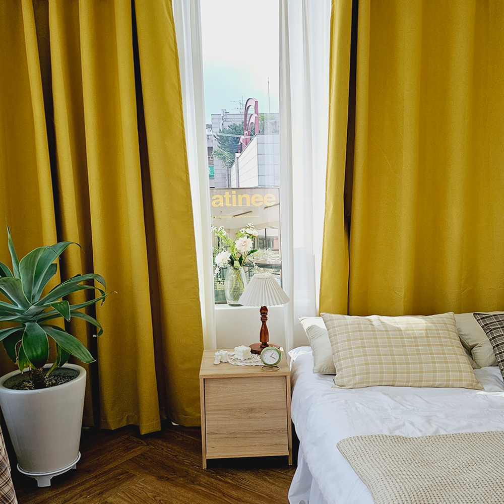 암막커튼 양면동일 완벽차단 아일렛 거실 커텐 2장 한세트 버터옐로우, 450x235cm