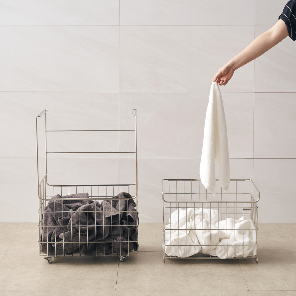 퓨어셀 프리미엄 304 올스텐 이동식 대용량 세탁 빨래 바구니 2단, 1개