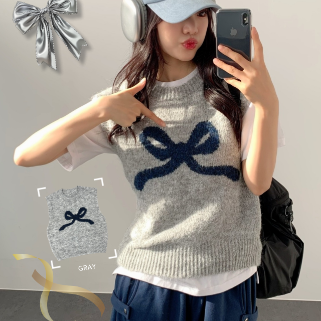 겨울 라운드 울 루즈핏 리본 니트 조끼