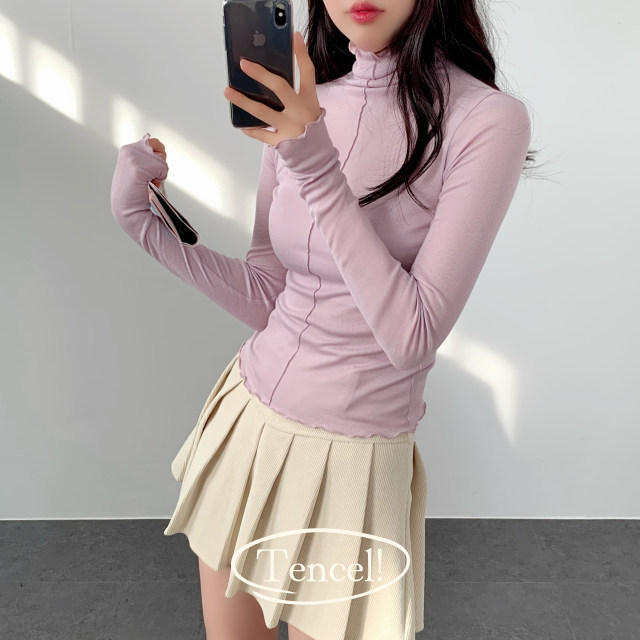 기본 이너 레이어드 날라리 무지 반목 기본 목폴라 텐셀 티셔츠 - 메인 이미지