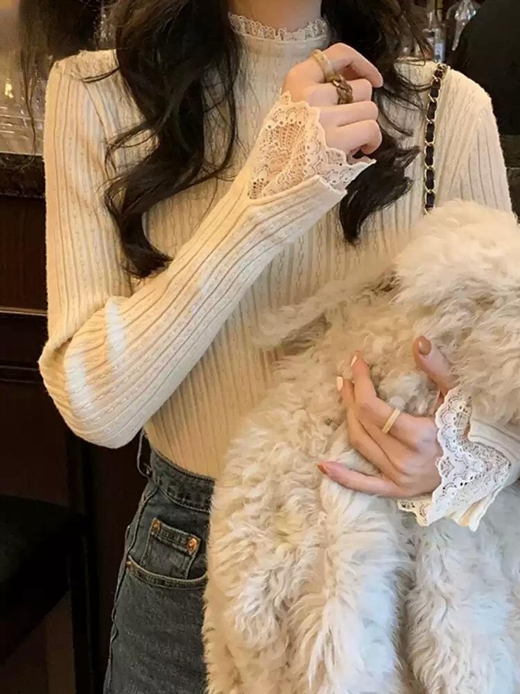 레이스 목폴라 소매 목 이너 레이어드 하프 터틀넥 - 상품 이미지