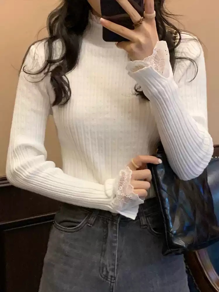 레이스 목폴라 소매 목 이너 레이어드 하프 터틀넥 - 상세 이미지 2