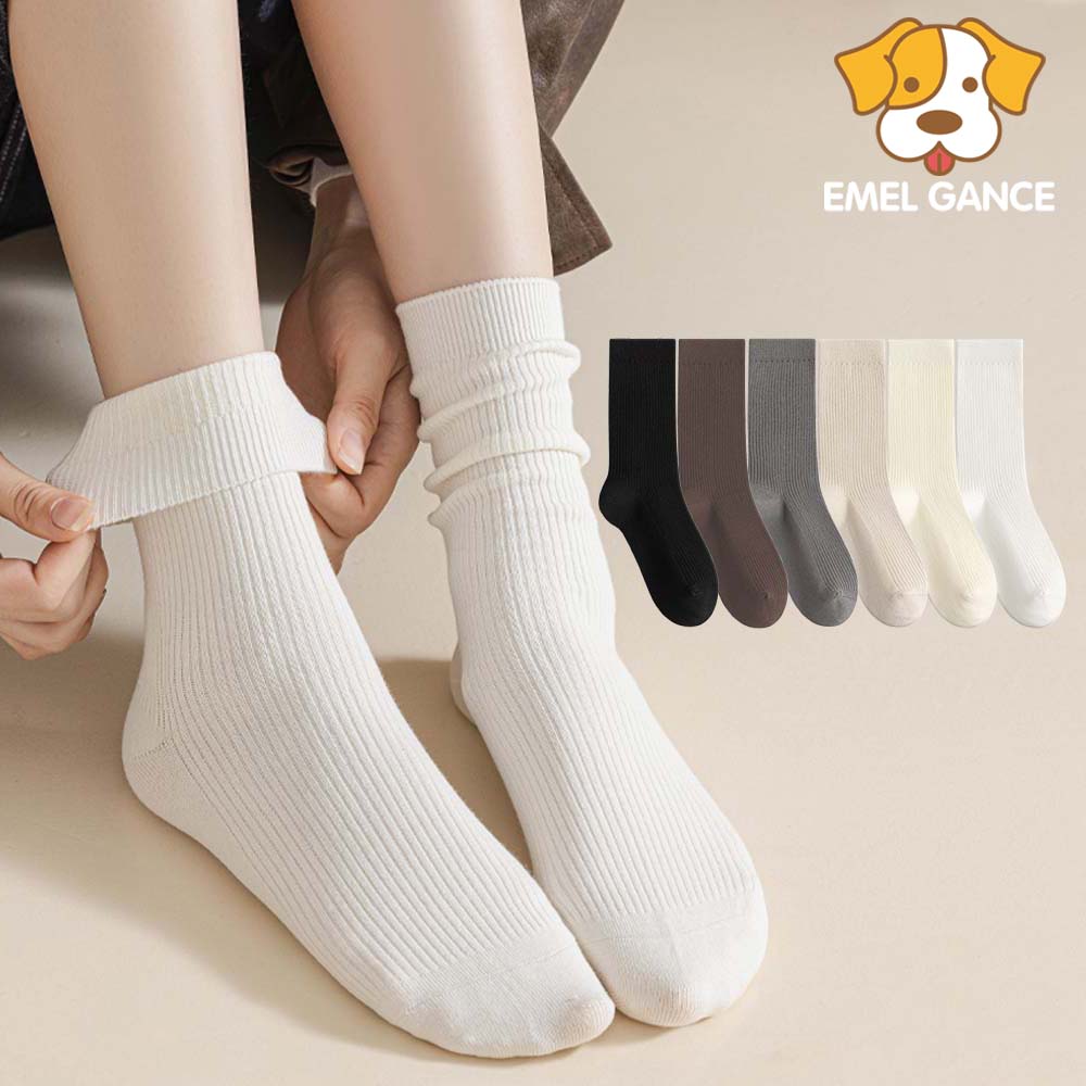 에멜강스 골지양말 6켤레 무압박 면 무봉제 긴목 무지 임산부 루즈삭스 흰 학생 양말 세트