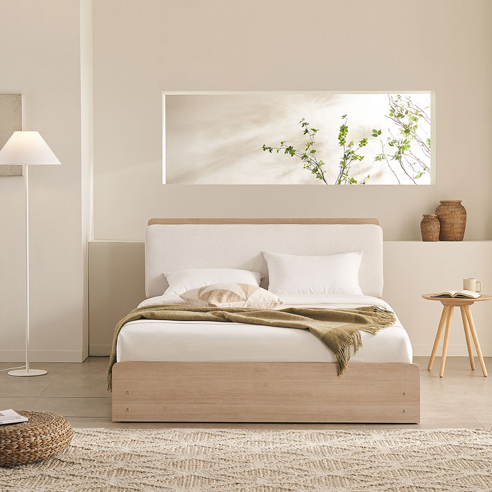 장인가구 가든 패브릭 쿠션헤드 LED 서랍형 수납침대 프레임 Q