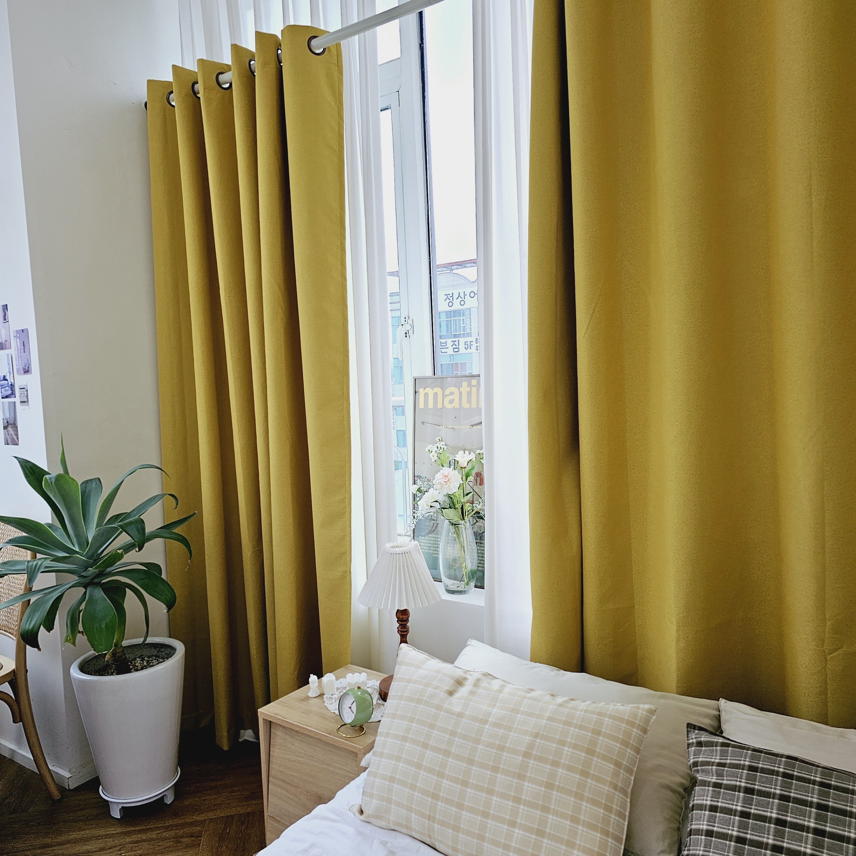 암막커튼 양면동일 완벽차단 아일렛 거실 커텐 2장 한세트 버터옐로우, 450x235cm