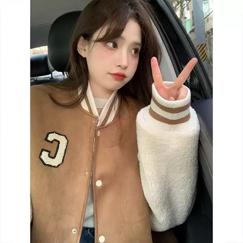 스웨이드 양털소매 스테디움점퍼 야구잠바 빈티지 레트로 루즈핏 겨울 귀여운 디자인 2컬러 - 상세 이미지 2