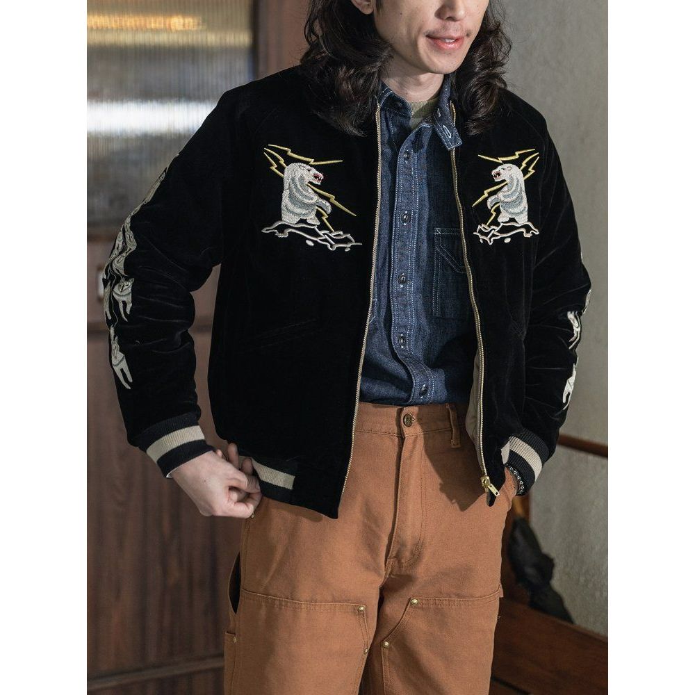 논스탁 수베니어 자켓 알래스카 50년대 자수 리버시블 퀼팅 재킷 ALASKA 요코스카 벨벳 블랙 리버시블 S 36