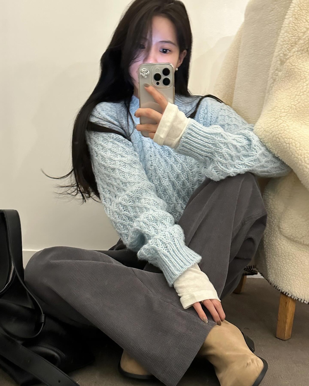 다코베 여성 오버핏 하객룩 출근룩 오피스룩 루즈핏 뽀글이 양털 스티치 무스탕 하프 싱글 카라 코트 상세 이미지 44
