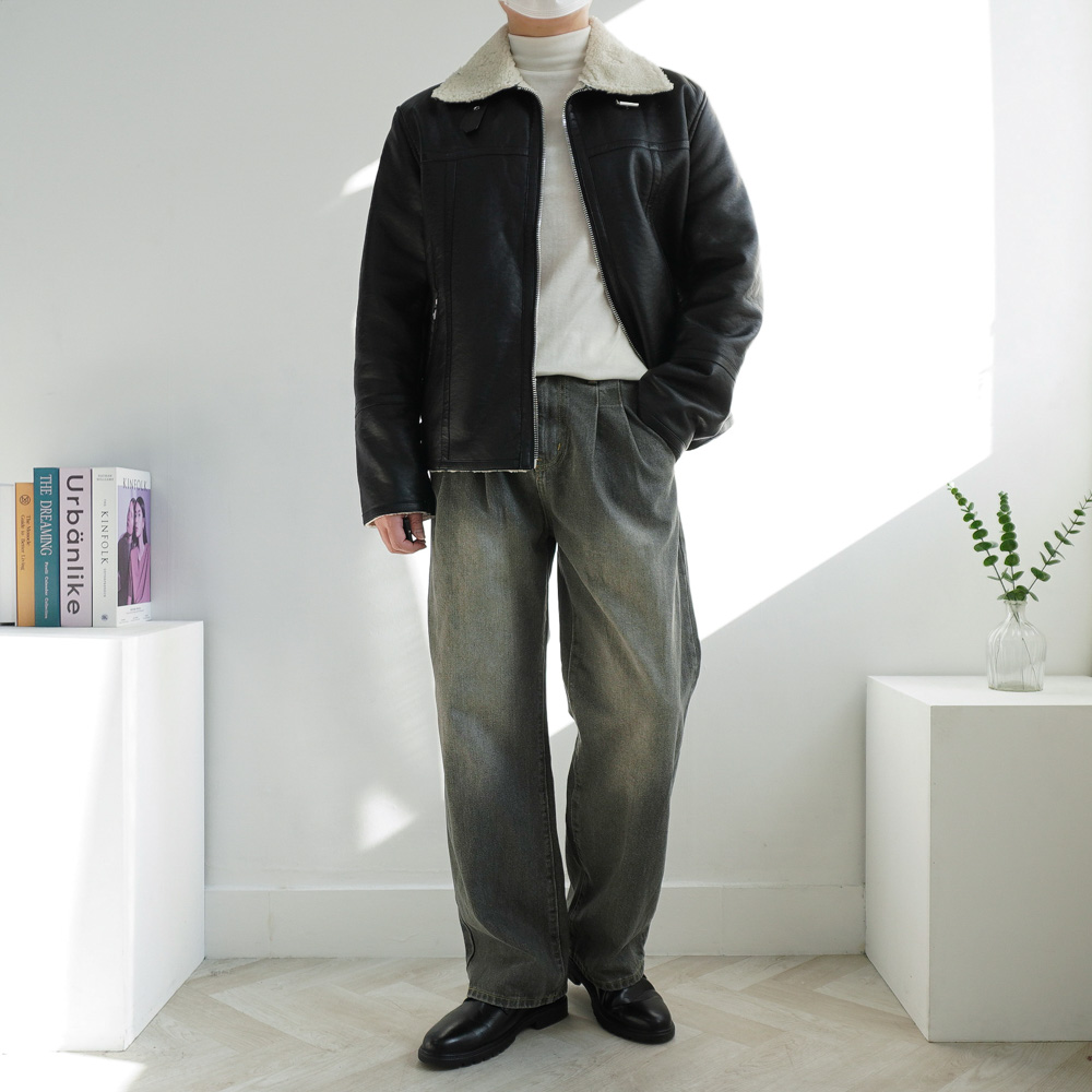 남자 빈티지 피그먼트 샌드 워싱 투턱 와이드 데님 팬츠 4color - 상세 이미지 2