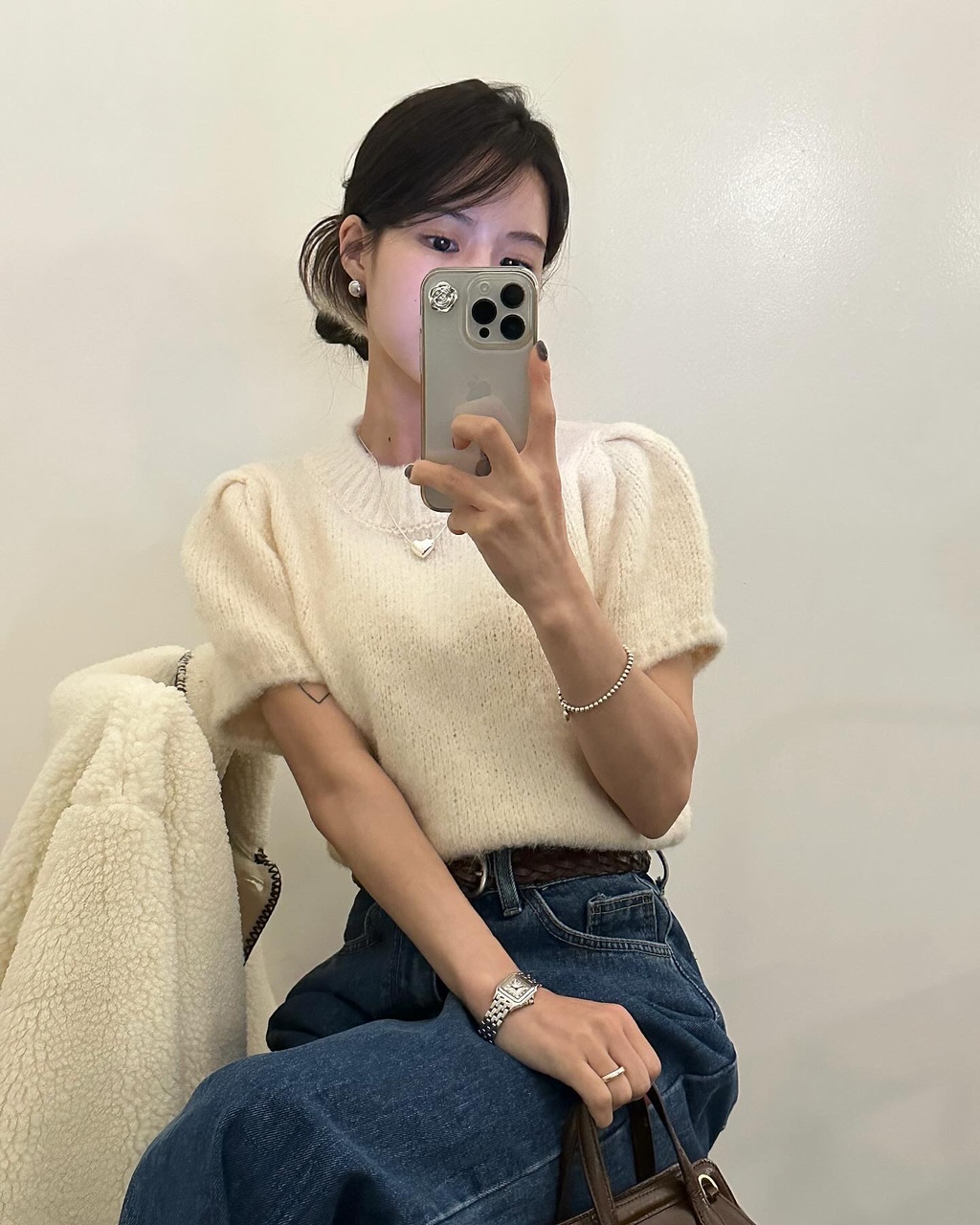 모로 여성 라운드 레이어드 이너 크롭 퍼프 셔링 핀턱 반팔 니트 - 상세 이미지 2