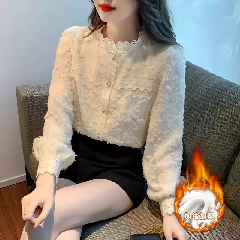 레이스 기모블라우스 겨울 오피스룩 세련 클래식 연말 데이트 스탠드카라 디자인 아이보리 - 상세 이미지 2