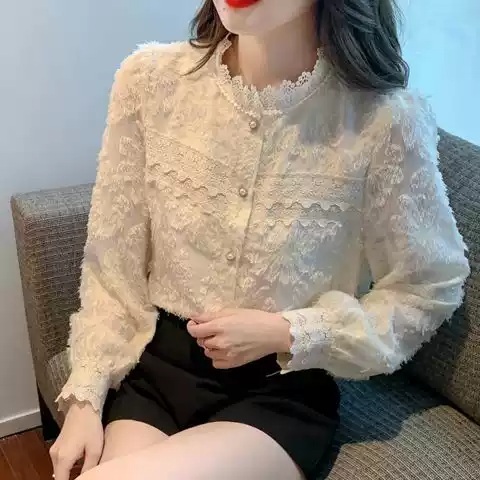 레이스 기모블라우스 겨울 오피스룩 세련 클래식 연말 데이트 스탠드카라 디자인 아이보리 - 상품 이미지