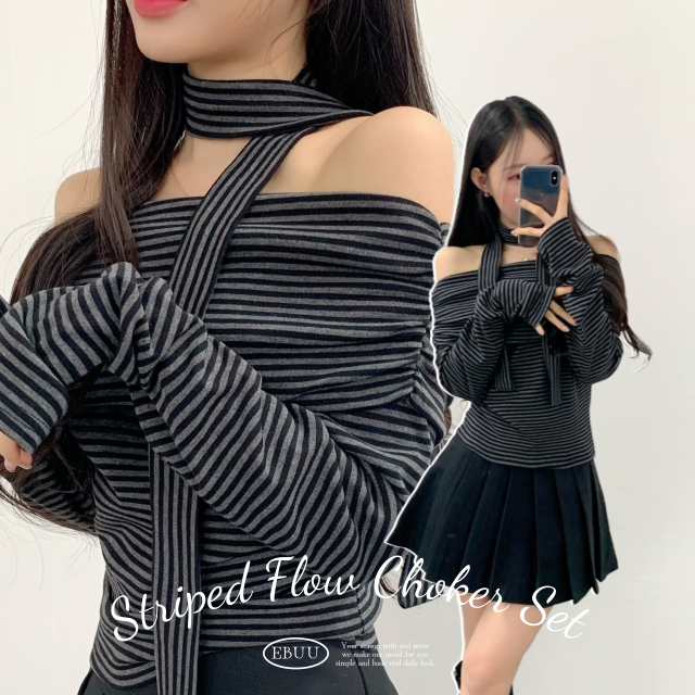 데이트룩 단가라 오프숄더 플로 초커 손등워머 긴팔 티셔츠 타이 머플러 세트 - 상세 이미지 2