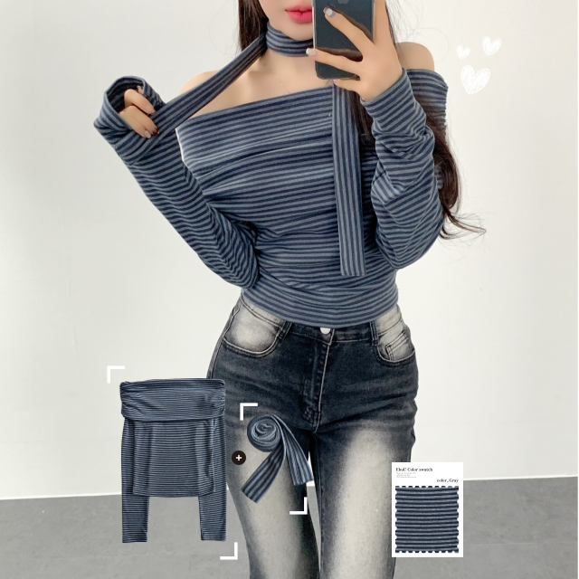 데이트룩 단가라 오프숄더 플로 초커 손등워머 긴팔 티셔츠 타이 머플러 세트 - 상품 이미지