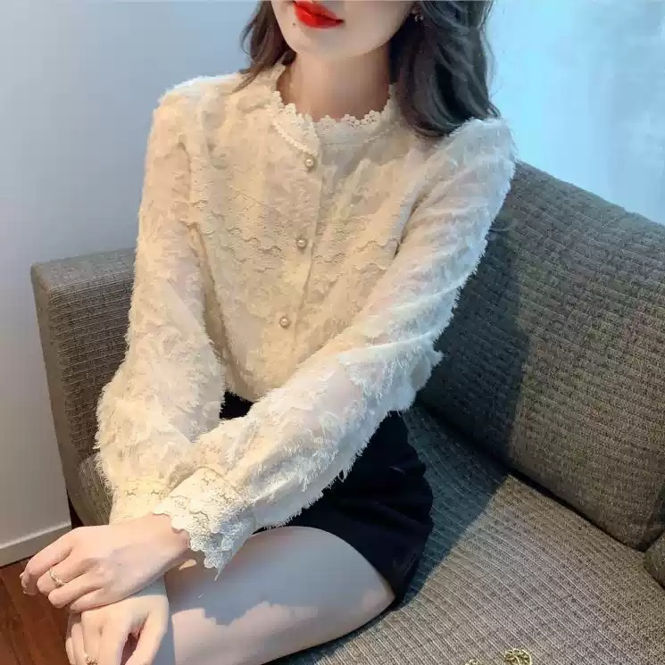 레이스 기모블라우스 겨울 오피스룩 세련 클래식 연말 데이트 스탠드카라 디자인 아이보리 - 상세 이미지 4