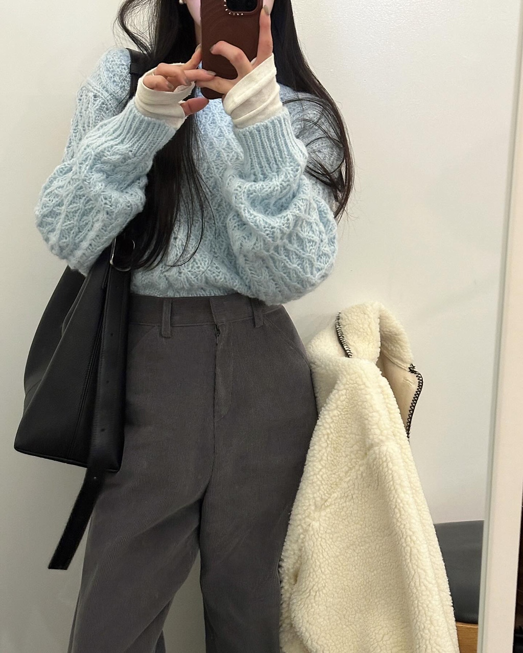 다코베 여성 오버핏 하객룩 출근룩 오피스룩 루즈핏 뽀글이 양털 스티치 무스탕 하프 싱글 카라 코트 상세 이미지 46