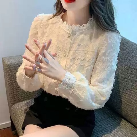 레이스 기모블라우스 겨울 오피스룩 세련 클래식 연말 데이트 스탠드카라 디자인 아이보리 - 상세 이미지 3