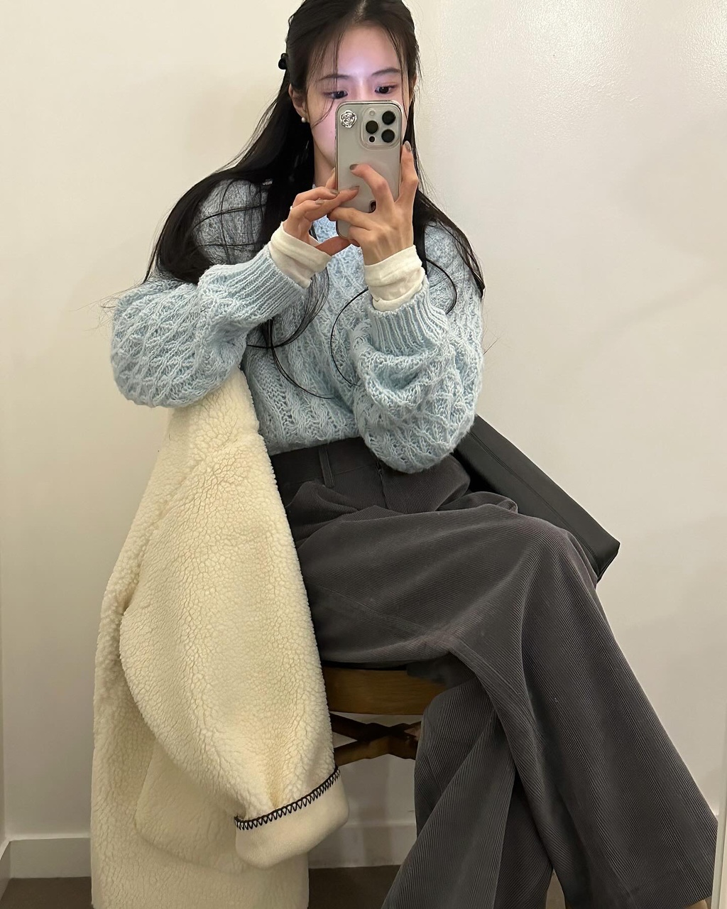 다코베 여성 오버핏 하객룩 출근룩 오피스룩 루즈핏 뽀글이 양털 스티치 무스탕 하프 싱글 카라 코트 상세 이미지 45