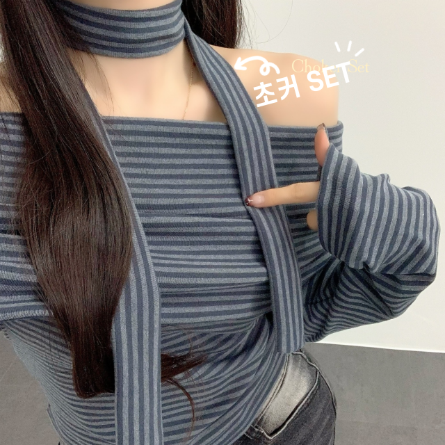 데이트룩 단가라 오프숄더 플로 초커 손등워머 긴팔 티셔츠 타이 머플러 세트 - 상세 이미지 3