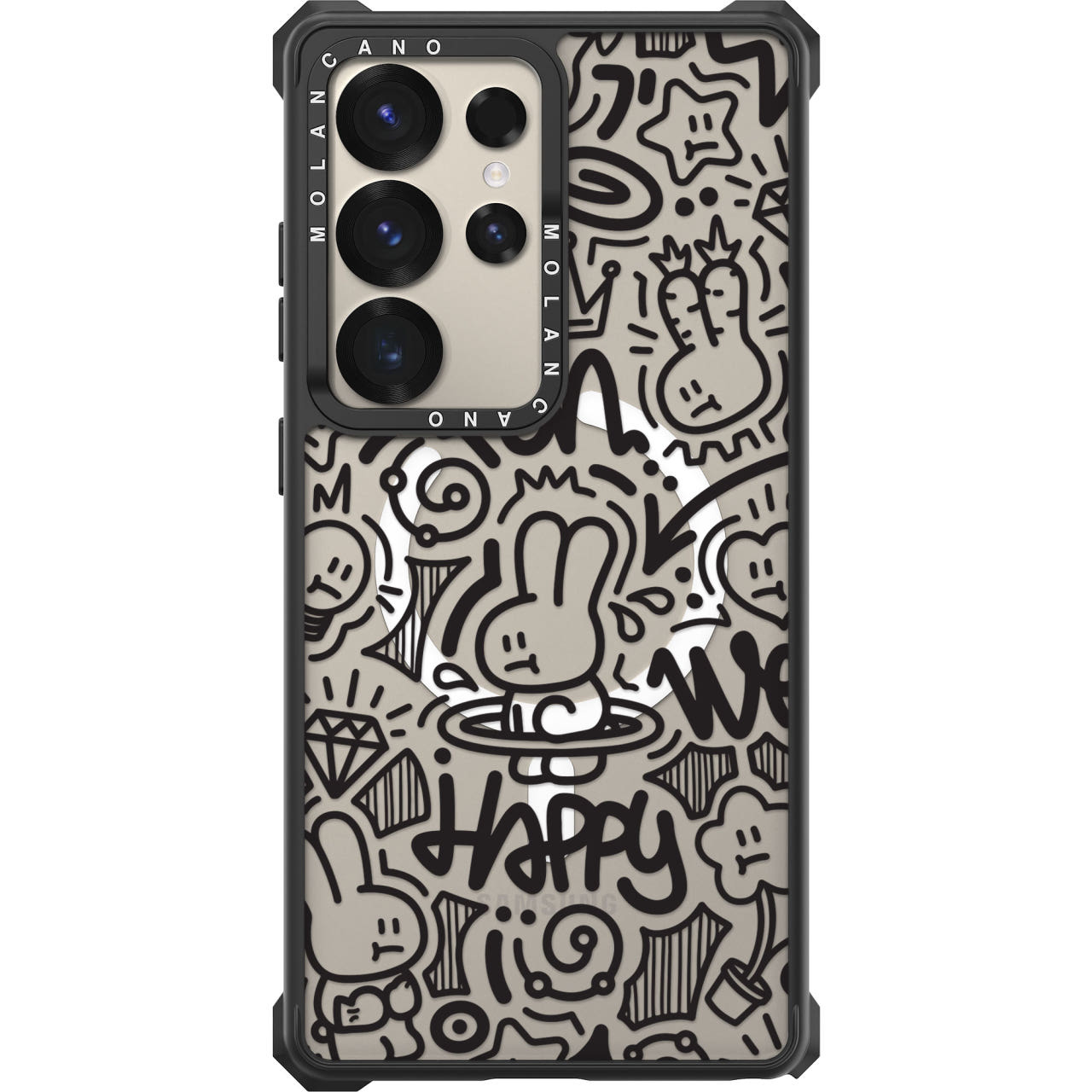 2배자력 맥세이프 임팩트 제로 라인아트 디자인 범퍼 투명 케이스 블랙 해피래빗, 갤럭시S25 울트라